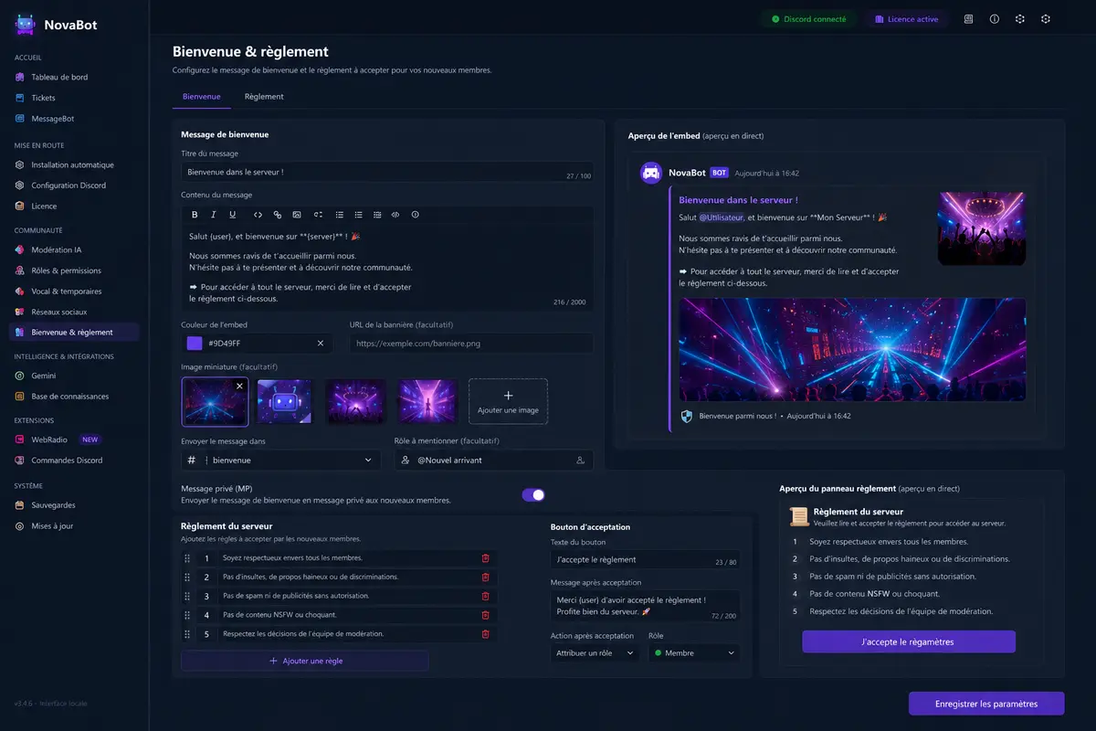 Aperçu validé de la page Bienvenue et règlement de NovaBot Aurora